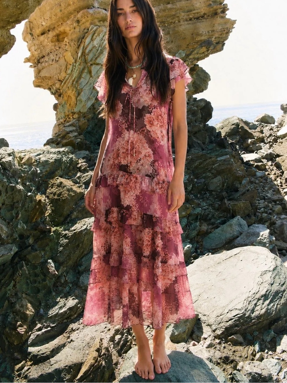 Johnny Was Carina Silk Short
Sleeve Midi Dress Pink Floral